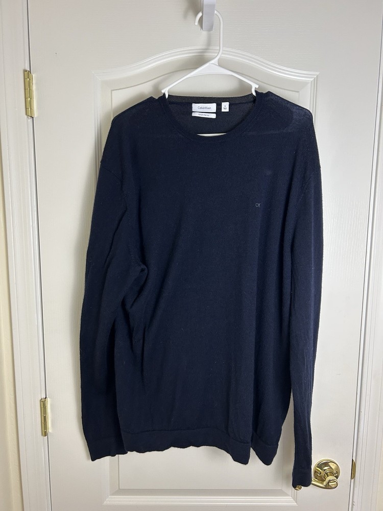 Calvin Klein, Men's Crew Neck Merino Wool Light Pullover Sweater, Navy Blue XL