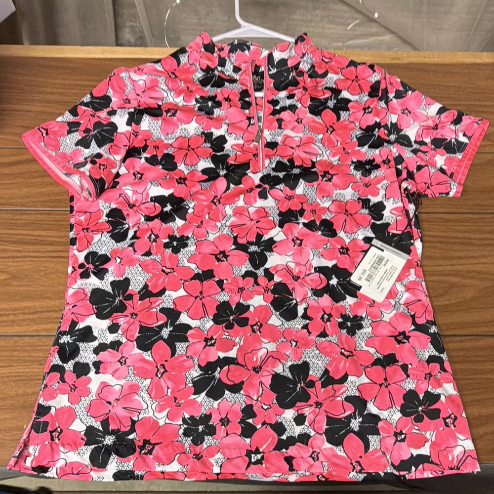 Tail Women’s Golf Polo Shirt L Pink/Black/White Floral 1/4 Zip Short Sleeve