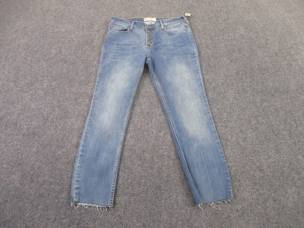 Free People Jeans Womens 31 Blue Denim Button Fly Faded Straight Stretch NEW