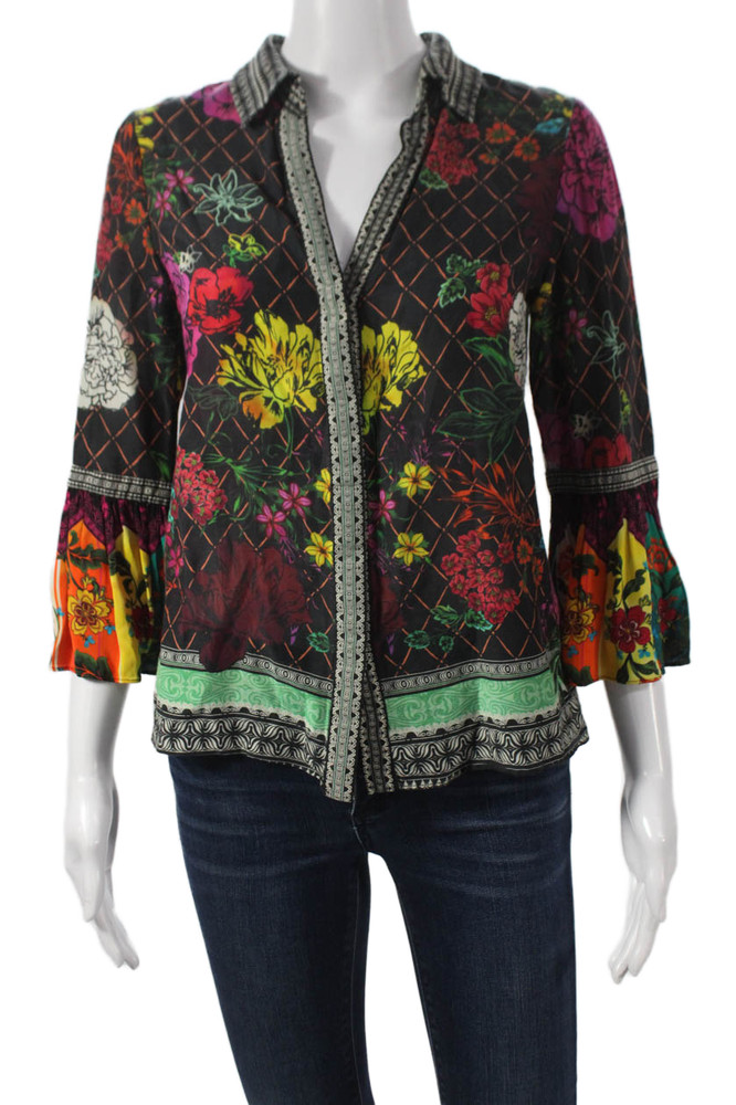 Alice + Olivia Women Floral Collared Tunic 3/4 Sleeve Multicolor Size SFree Shipping in US $100+ Orders | $6.95 Orders Below