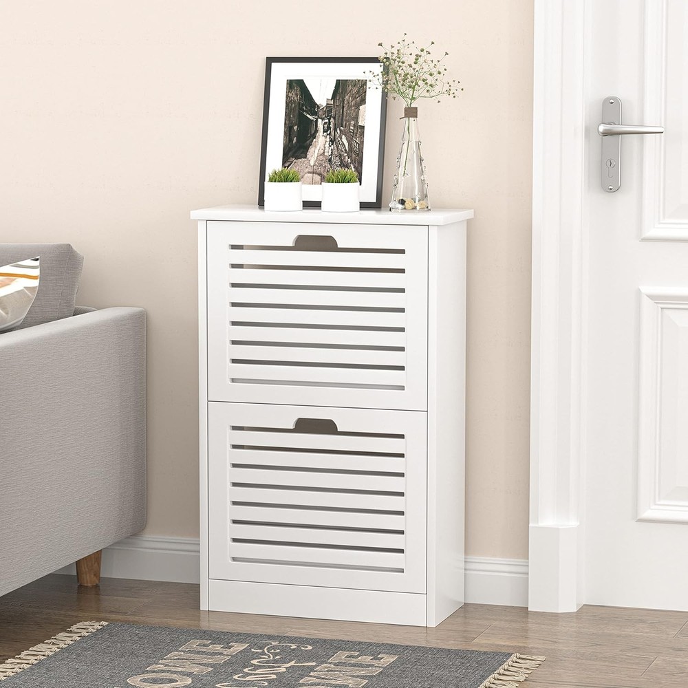 Shoe Storage Cabinet with 2 Flip Drawers, 2-Drawer, White