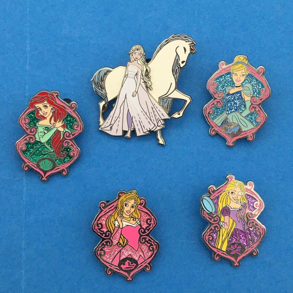 Disney 5 Piece Trading Pins Elsa, Ariel, Cinderella,Aurora, Rapunzel