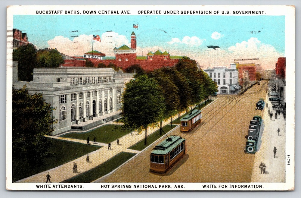 Hot Springs Park Arkansas~Air View Buckstaff Baths & Trolleys~Vintage Postcard