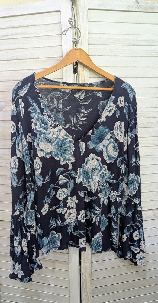 Lucky Brand Navy Floral Boho LS Top Blouse V-Neck Bell Sleeves Sz L