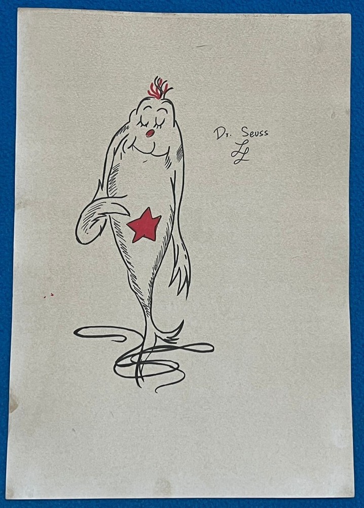 DR. SEUSS drawing on old paper signed stamped vintage