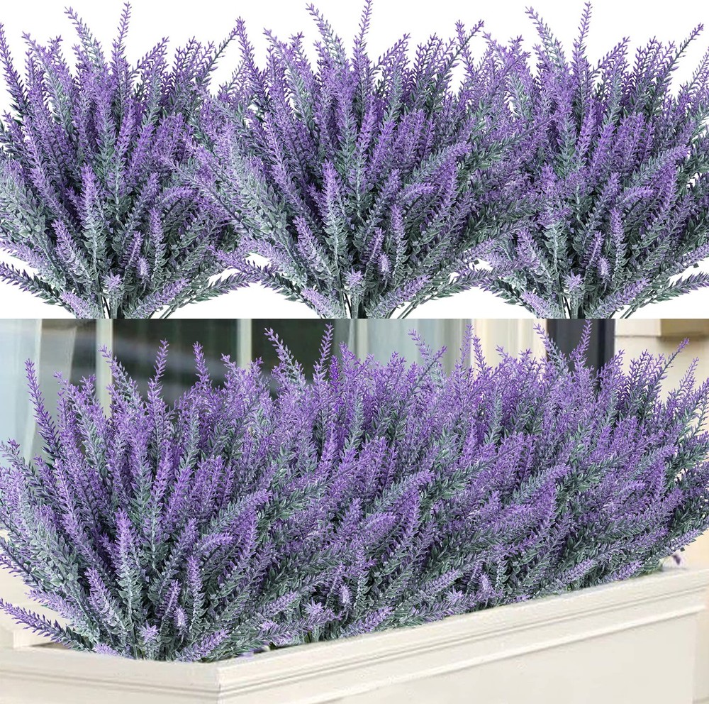 12 Bundles Artificial Lavender Fake Flowers Faux Plastic Plants for Home Wedd...