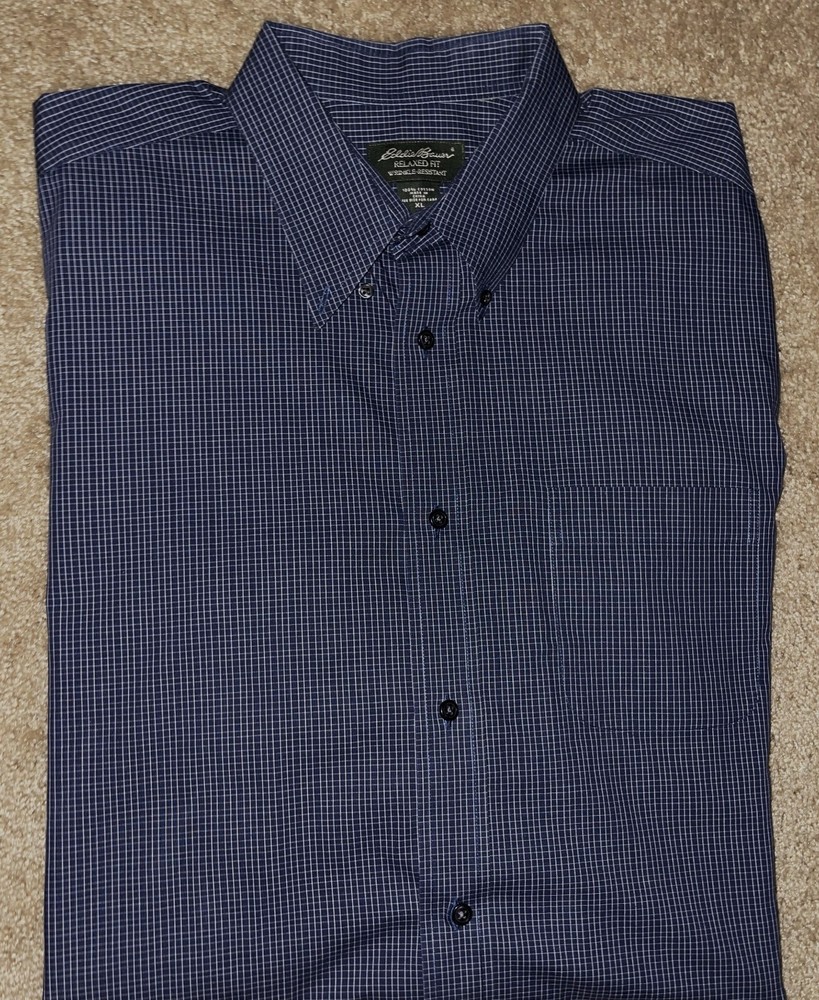 Men's Eddie Bauer Navy Multi Check Long Sleeve Button-Up Shirt Size XL Excellent Condition