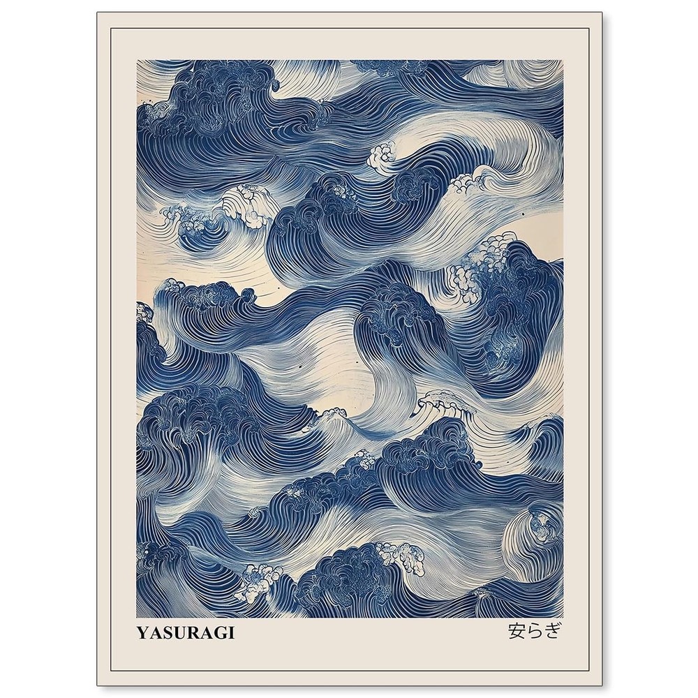 Japanese Blue Waves Wall Art Vintage Oriental Japandi Wabi Sabi Poster Abstra...