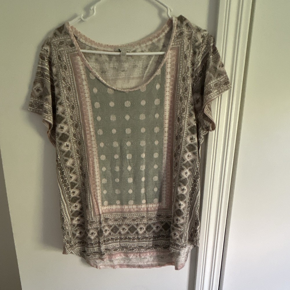 Lucky Brand Women XL Gray Pink Geometric Scoop Neck Short Sleeve Knit T-Shirt