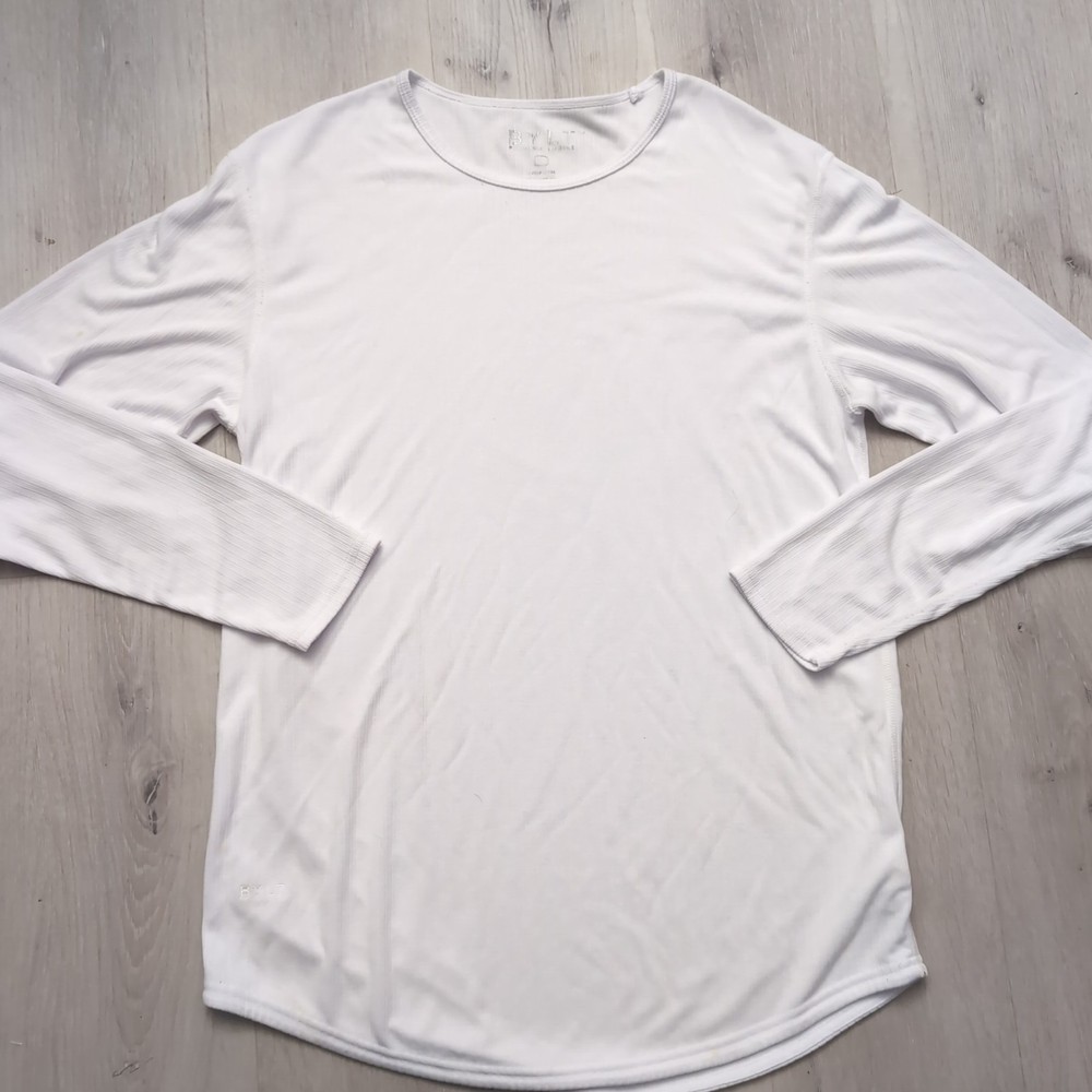 BYLT Drop Cut Long Sleeve Shirt Mens Size L White Pullover Stretch Athleisure