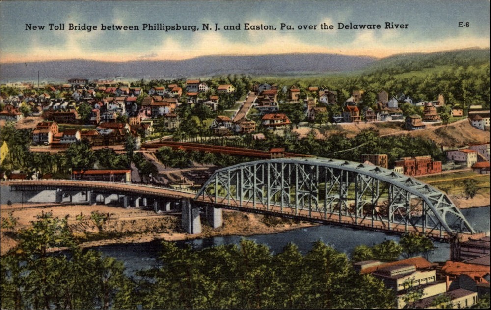 Toll Bridge Philipsburg New Jersey aerial view ~ 1940s linen postcard