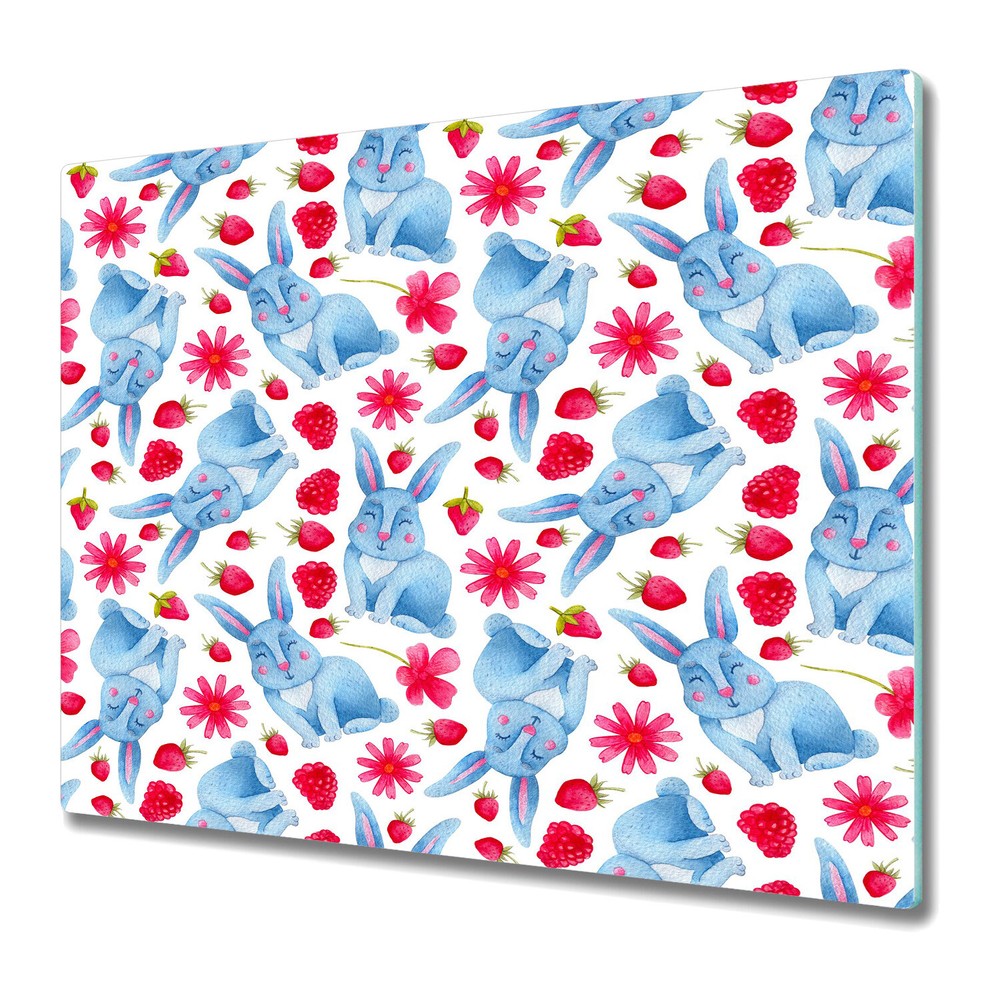 Glass Worktop Kitchen Chopping Cutting Board Rabbits and fruits bunny 60x52