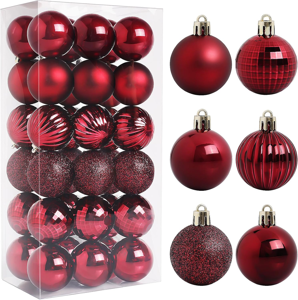 36-Pack 1.57-Inch Red Burgundy Christmas Ball Ornaments for Festive Tree Decor