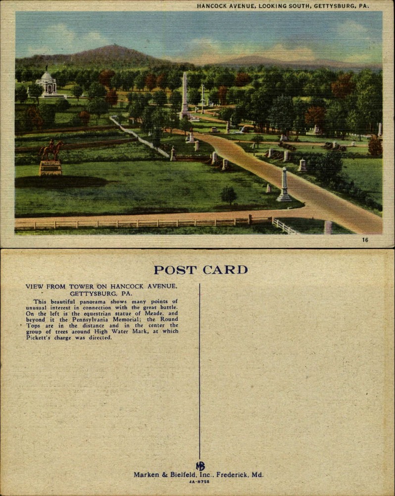 Hancock Avenue from tower Gettysburg Pennsylvania Civil War vintage postcard