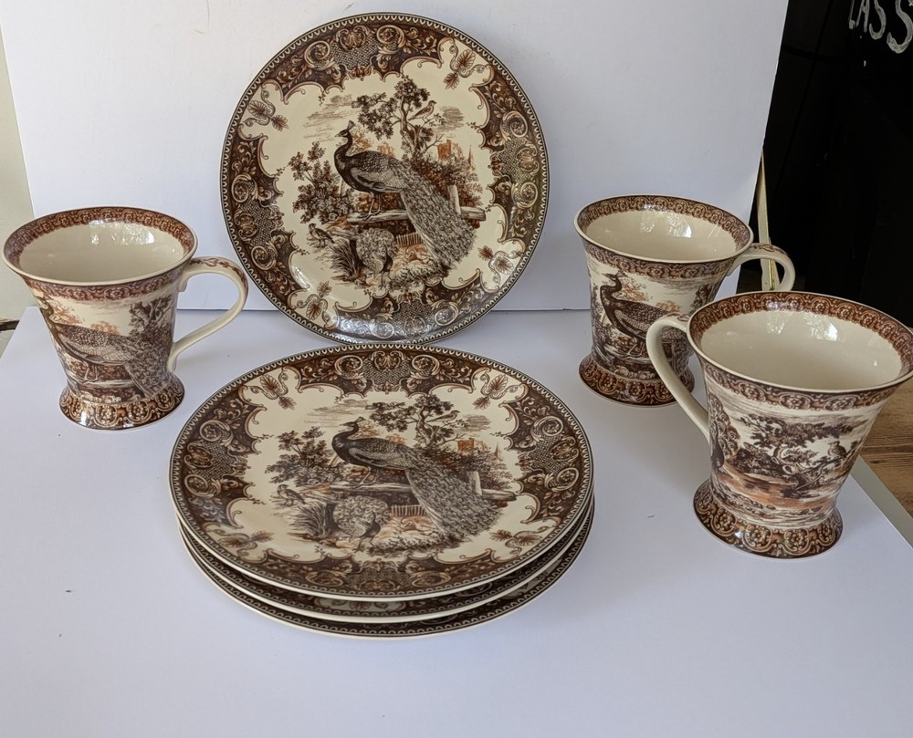 Vintage Antiche Riproduzioni Italian Peacock Transferware Set 4 Plates/3 mugs