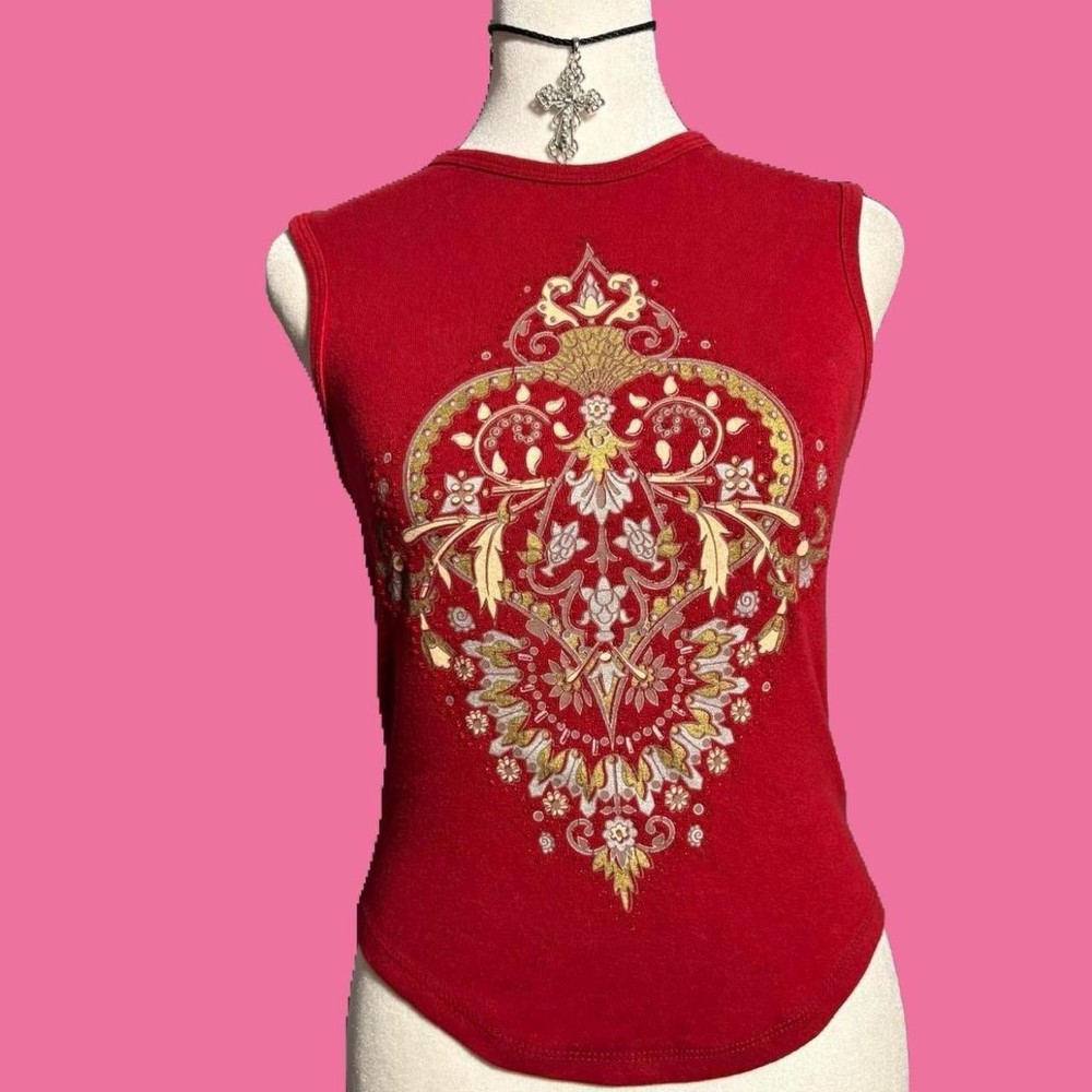 Red 2000s Vintage Forever 21 Y2K Sleeveless Top with Rhinestones Size Large