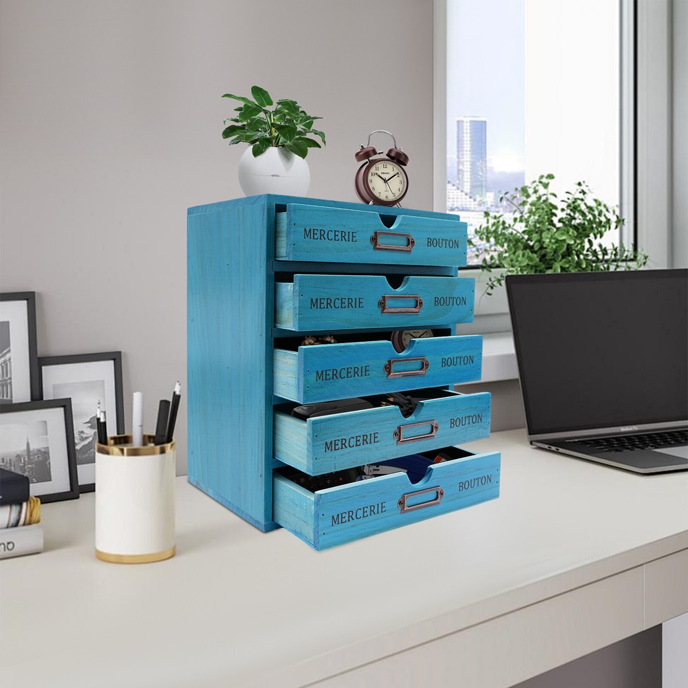 Vintage Blue 5-Tier Desktop Drawer Cabinet for Office Organization