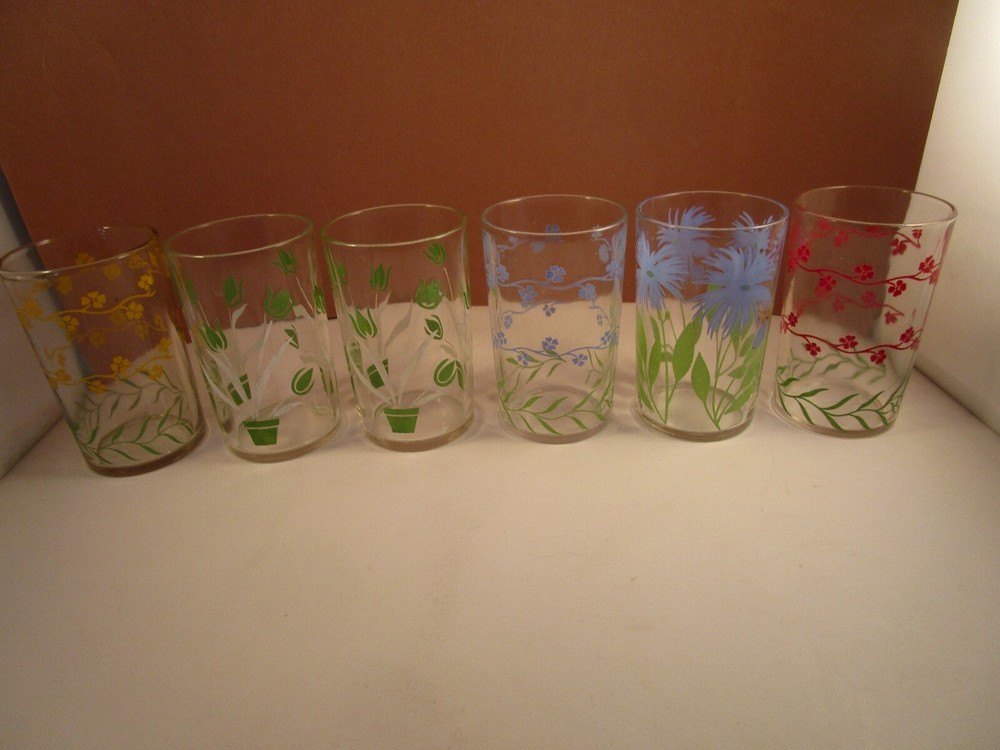 Vintage Set of 6 Mid-Century Glass Juice Tumblers with Floral Garland Design