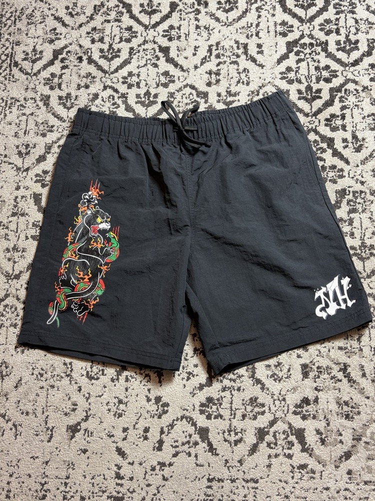 Ninth Hall Trance Nylon Shorts Men L Black Pull On Drawstring Fire Snake Grudge