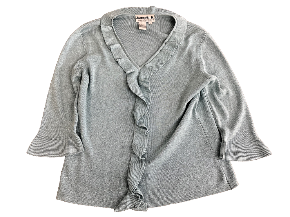 Joseph A Women's L Silk Blend Metallic Ruffle V-Neck Blouse Knit Top. Light Blue