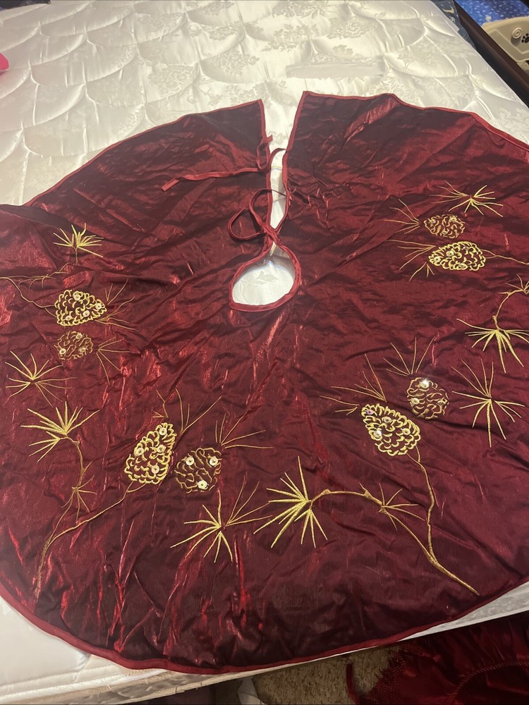 Burgundy And Gold Tree Skirt, Gold Pinecones,  and middle point