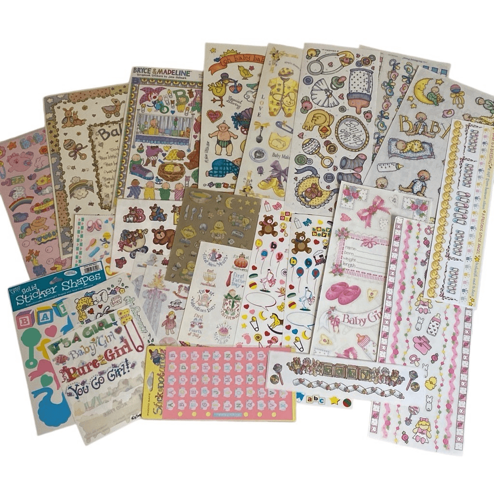 VTG Stickers Mix Lot 24 Sheets Baby Girl Boy Toys Scrapbooking Variety READ