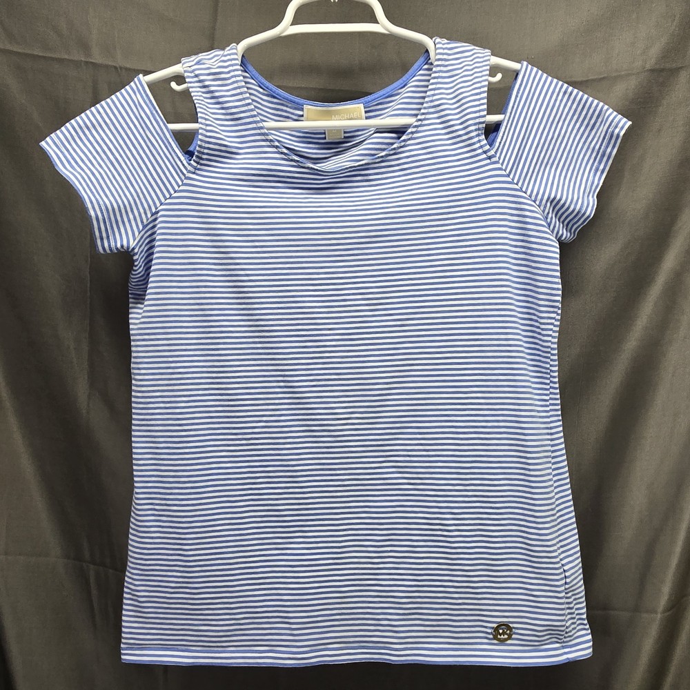Michael Kors Women's Size Medium Blue Striped Cold Shoulder Short Sleeve Top
