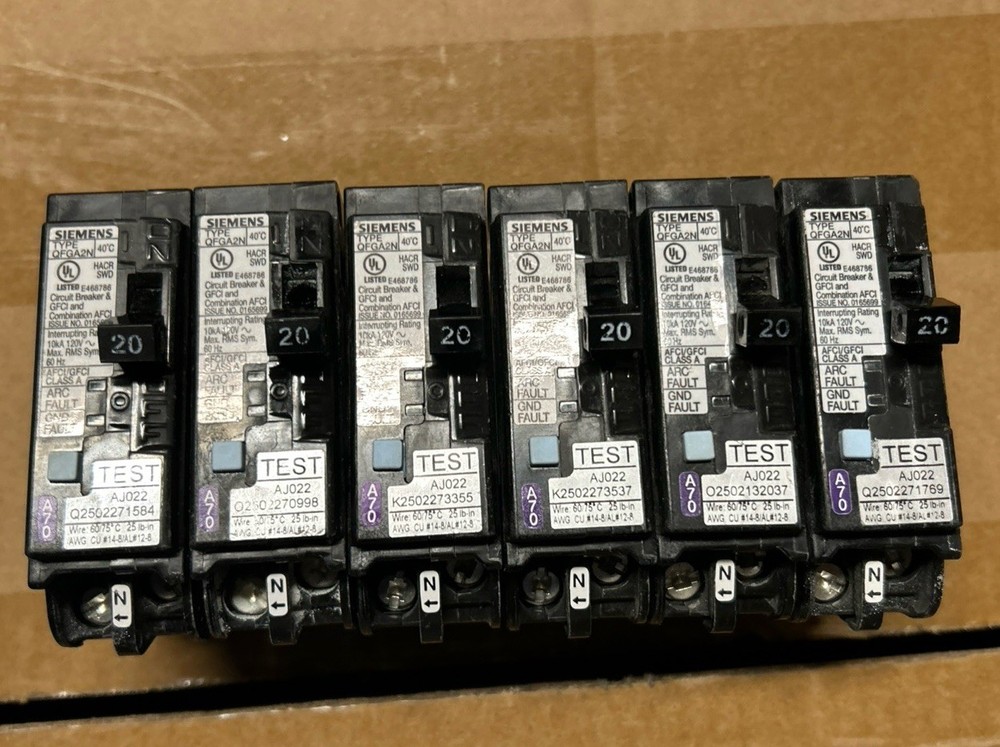 6 X Siemens Q120Dfn 20Amp Combination Arc Fault / Ground Fault Dual Function Nob