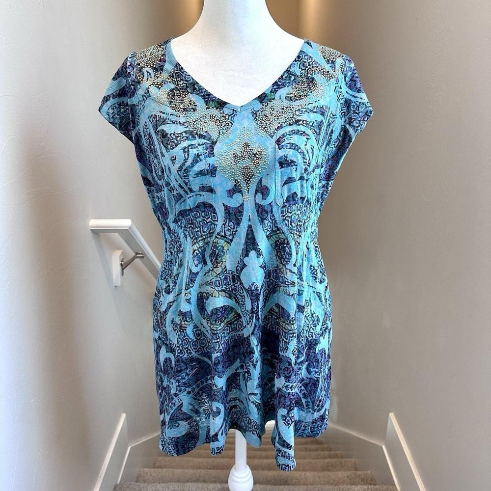 One World Grunge Boho Tunic Top Blue Teal Studded V-Neck Size M Edgy Y2K