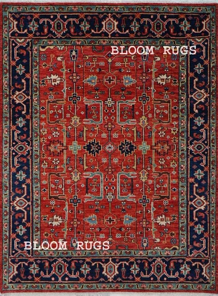Traditional Hand-Knotted Red/Navy-Blue Serapi Living Room Rug | Customizable Rug