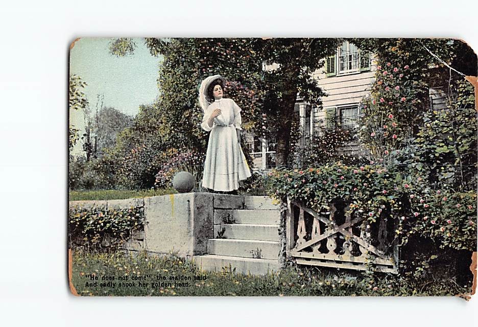 Postcard Greeting Card with Quote and Maiden Garden House Scene Picture