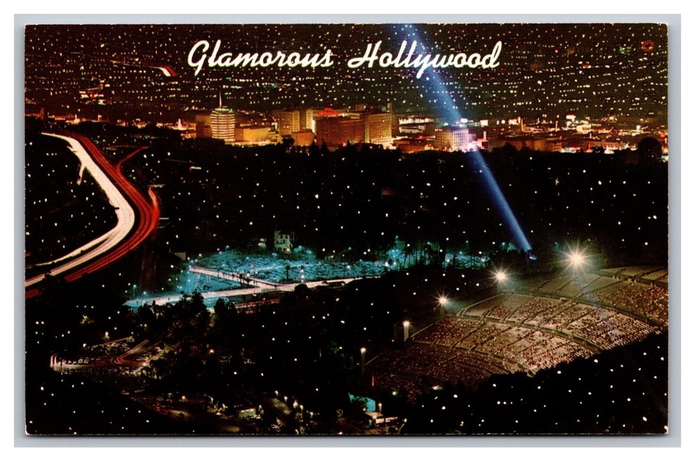 Los Angeles CA California Hollywood Aerial Night View Bowl Chrome Postcard