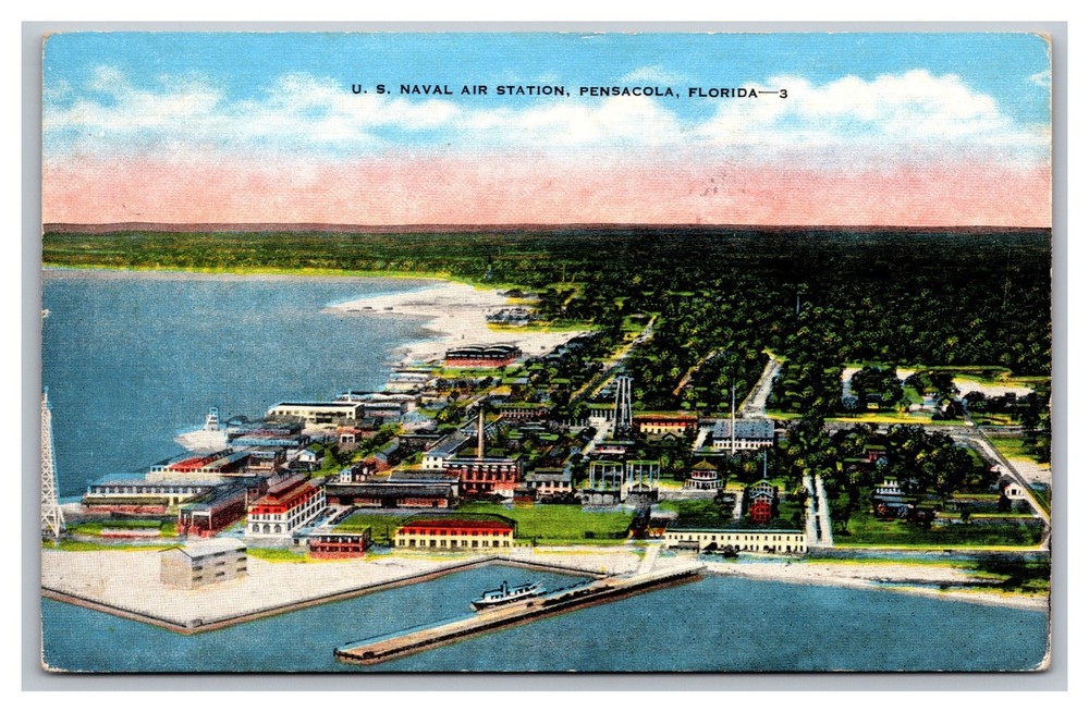 Pensacola Florida FL US Naval Air Station Aerial View Posted 1948 Linen Postcard
