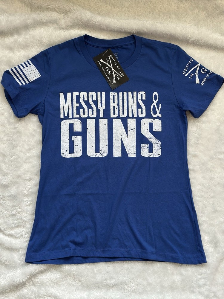 Grunt Style Messy Buns & Guns Women's Blue Graphic Cotton T-Shirt M Short Sleeve