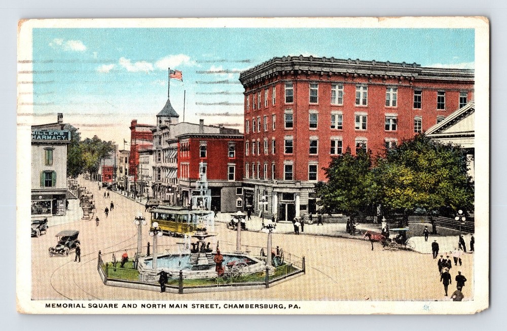 Vintage Chambersburg PA Memorial Square & North Main Street Postcard