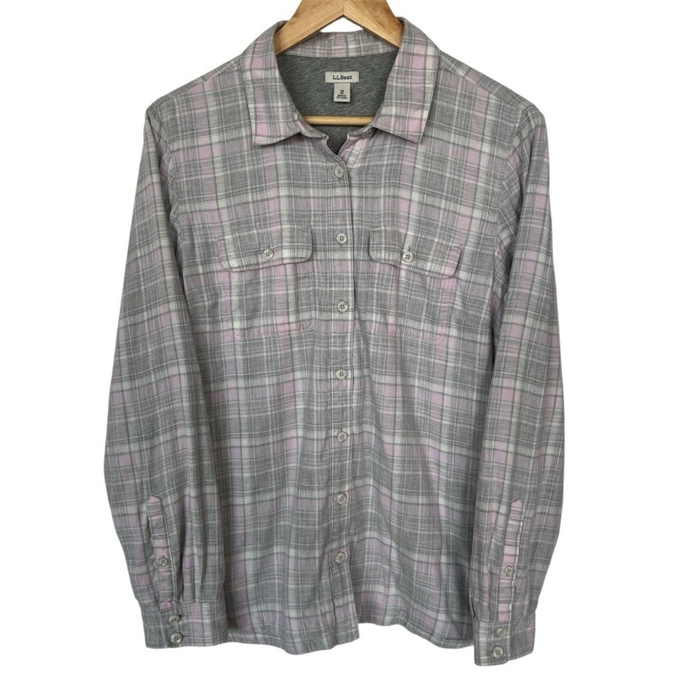 L.L. Bean Pink & Gray Plaid Button Down Shirt Cotton Lined Size Medium