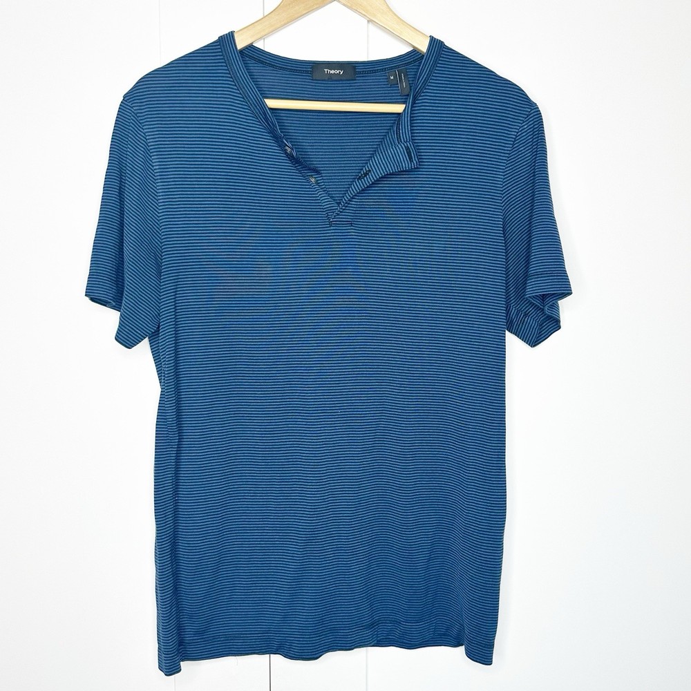 Theory Gaskell striped short-sleeve henley shirt medium blue modal designer