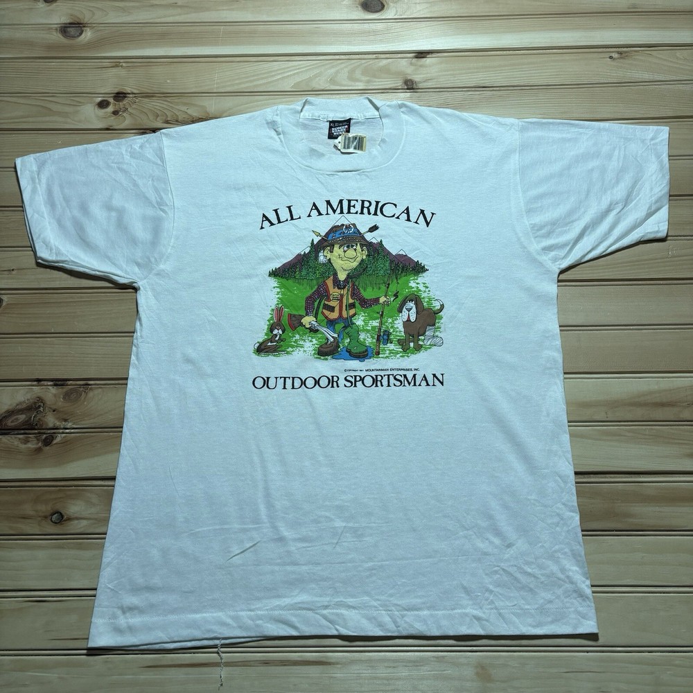 Vintage 80s All American Outdoor Sportsman  Fishing Hunting Comic Shirt - XL NWT