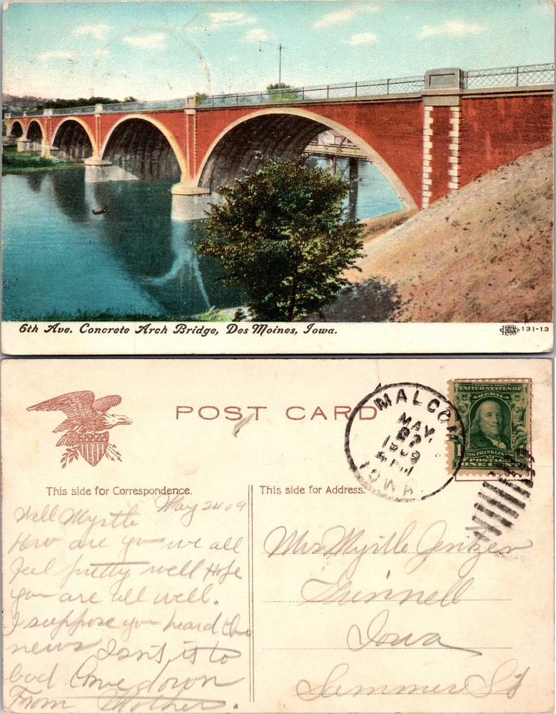 Sixth Avenue Concrete Arch Bridge Des Moines Iowa IA Postcard