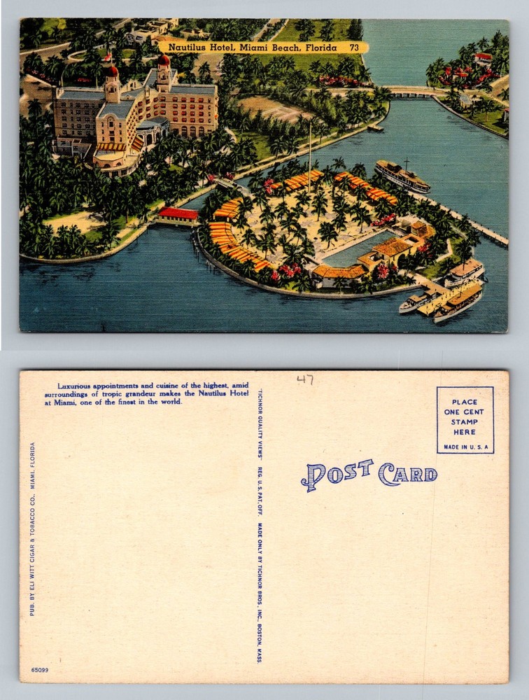 Miami Beach, FL-Florida, Aerial Nautilus Hotel Island & Grounds Vintage Postcard