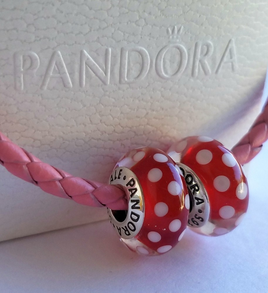 Set Of 2 New Pandora Authentic Disney Minnie Mouse Polka Dot Murano Charm