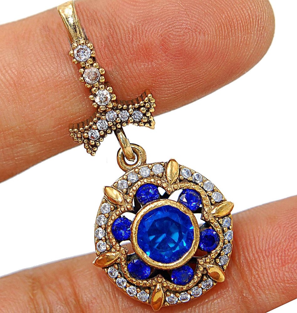 Sterling Silver Ottoman Style 2CT Treated Blue Sapphire Pendant S2524