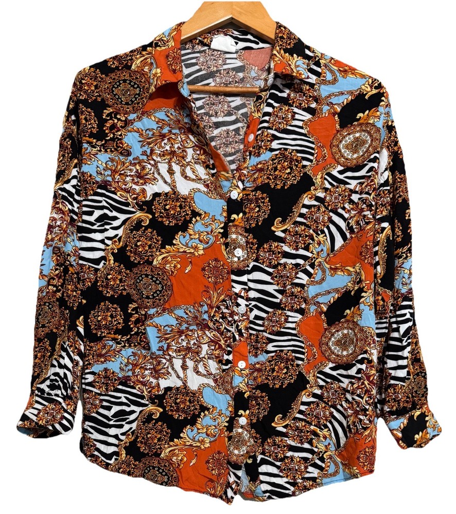 Silk & Salt Women's Blouse Top Button Up Shirt Medium Artsy Colorful Art To Wear