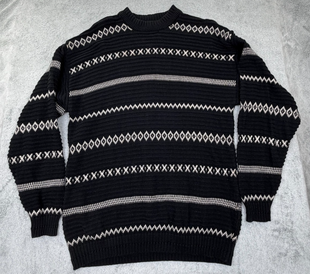 VINTAGE Jantzen Sport Sweater Mens Large Black White Cotton Knit Pullover 90's