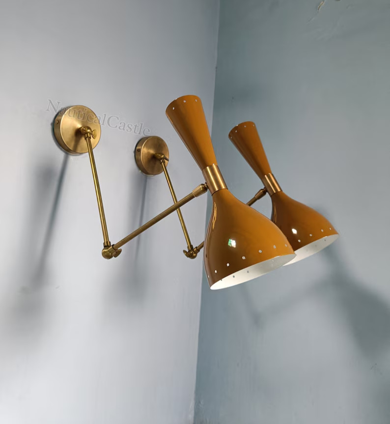 Italian Brass Wall Sconce 1950 Mid Century  Pair Brown Wall Fixture Diabolo Lamp