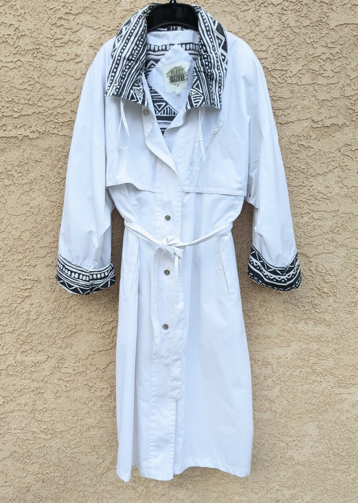Vintage 80s Fleet Street White Trench Coat with Aztec Trim Size 10-image