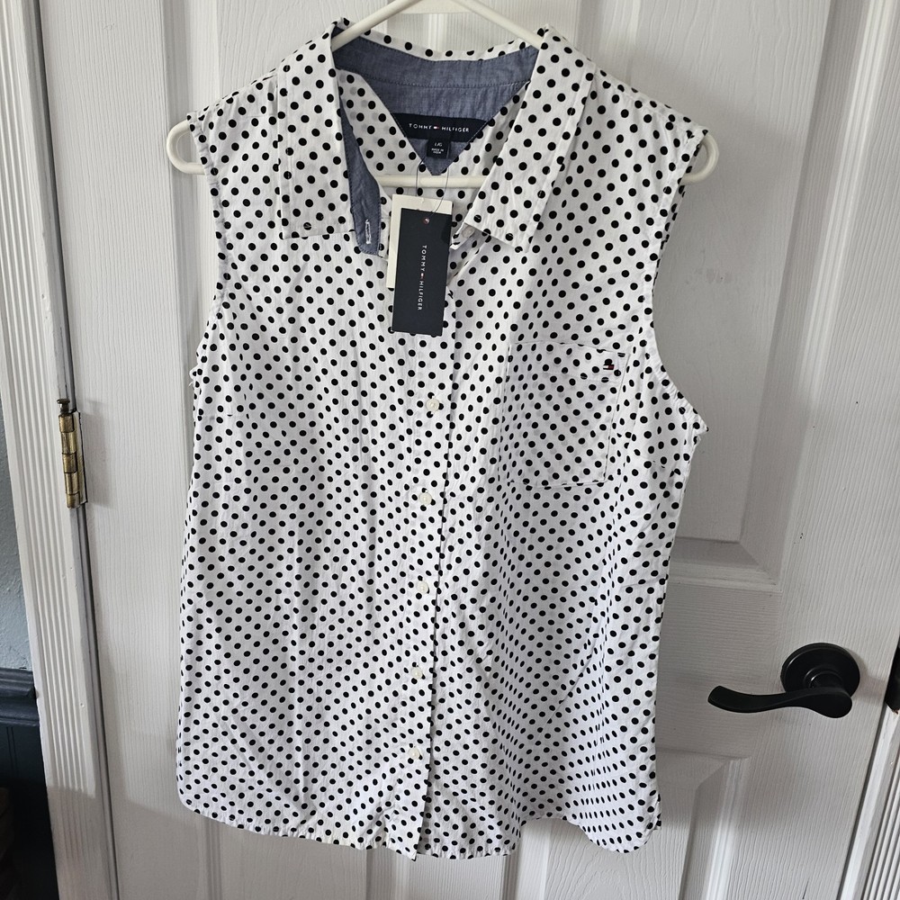 NWT Tommy Hilfiger Women's Top Sleeveless Polka Dot Button Up Shirt Sz L Preppy