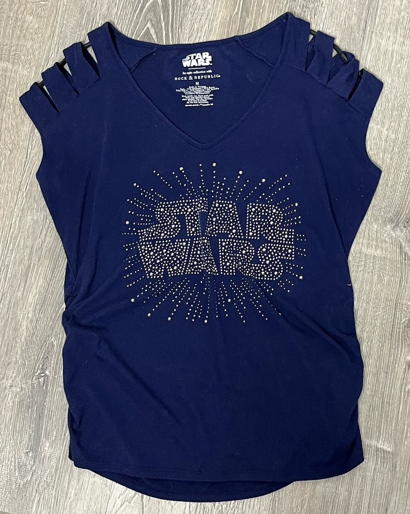 Rock Republic Top Star Wars T Shirt Graphic Tee Embellished Cut Outs Blue Medium