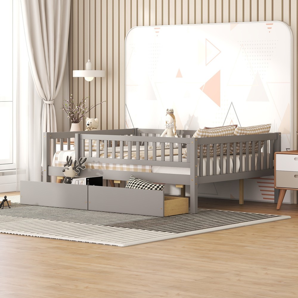 Gray Full Size Wood Daybed with Two Storage Drawers