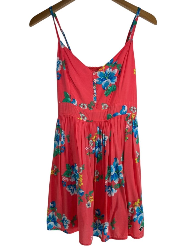 Hollister Mini Dress Sz M Tank VNeck Henley Pleated Floral Coral Pink Dress Boho
